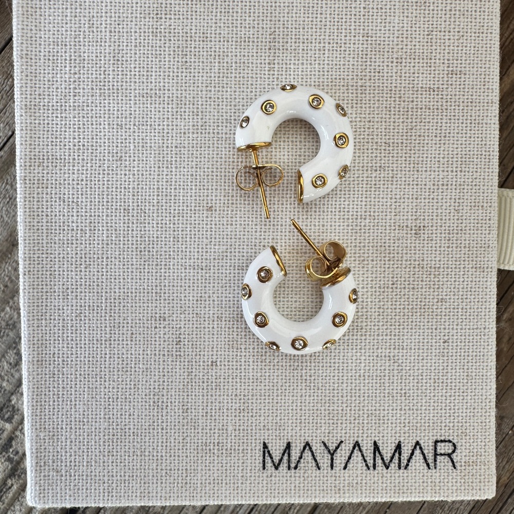 Mayamar Enamel Embellished Hoop Earrings White 24K Gold Plated NIB